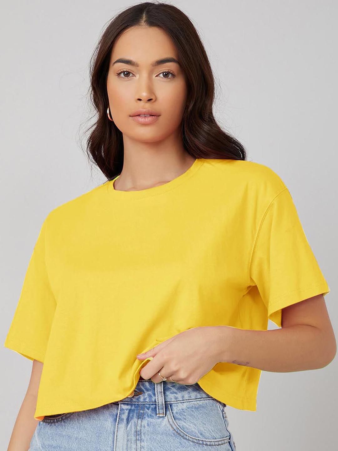 Kotty Round Neck Drop-Shoulder Sleeves Oversized Crop T-shirt 