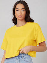 Kotty Round Neck Drop-Shoulder Sleeves Oversized Crop T-shirt
