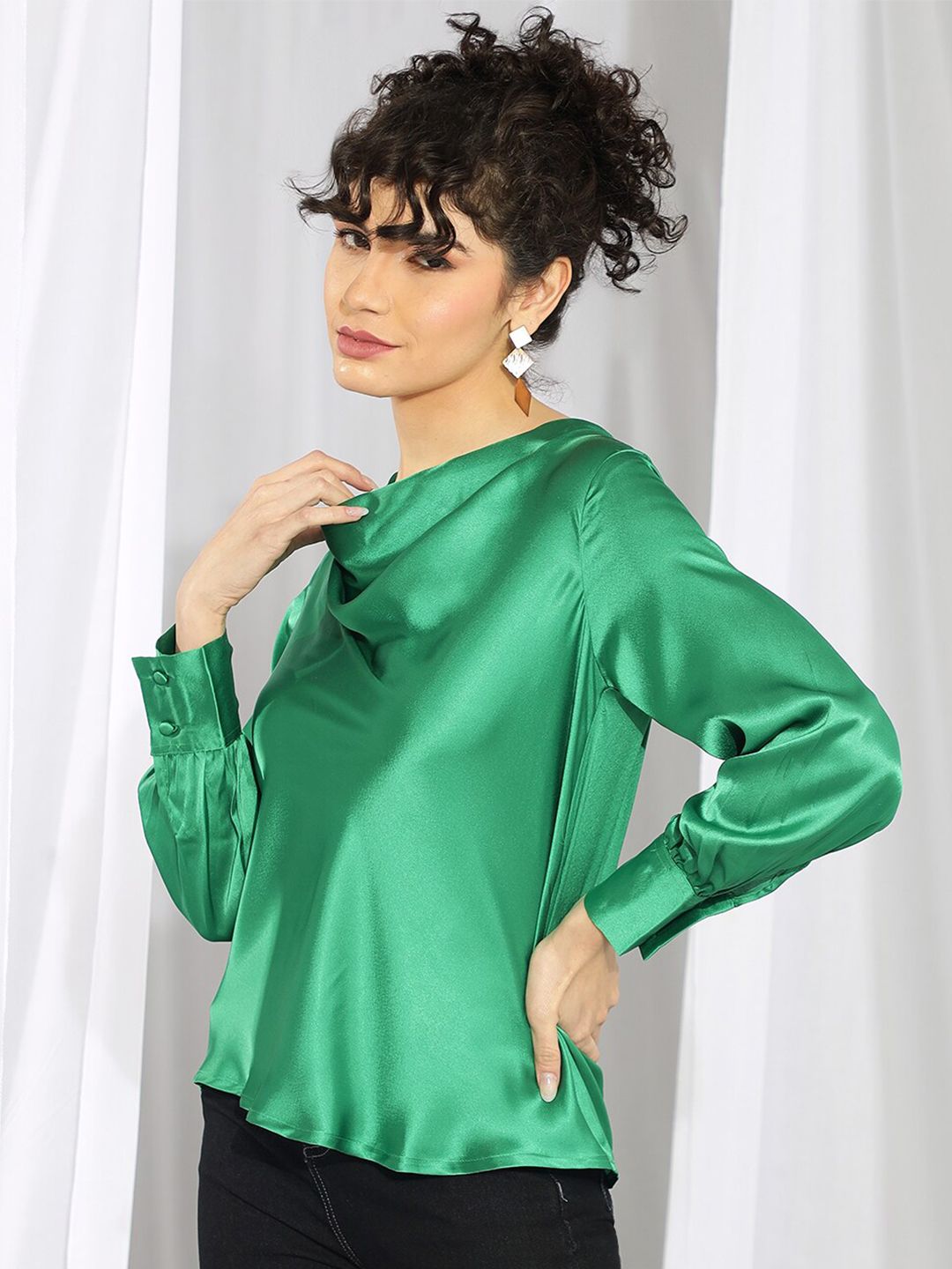 Kotty Green Cowl Neck Bishop Sleeves Satin Top