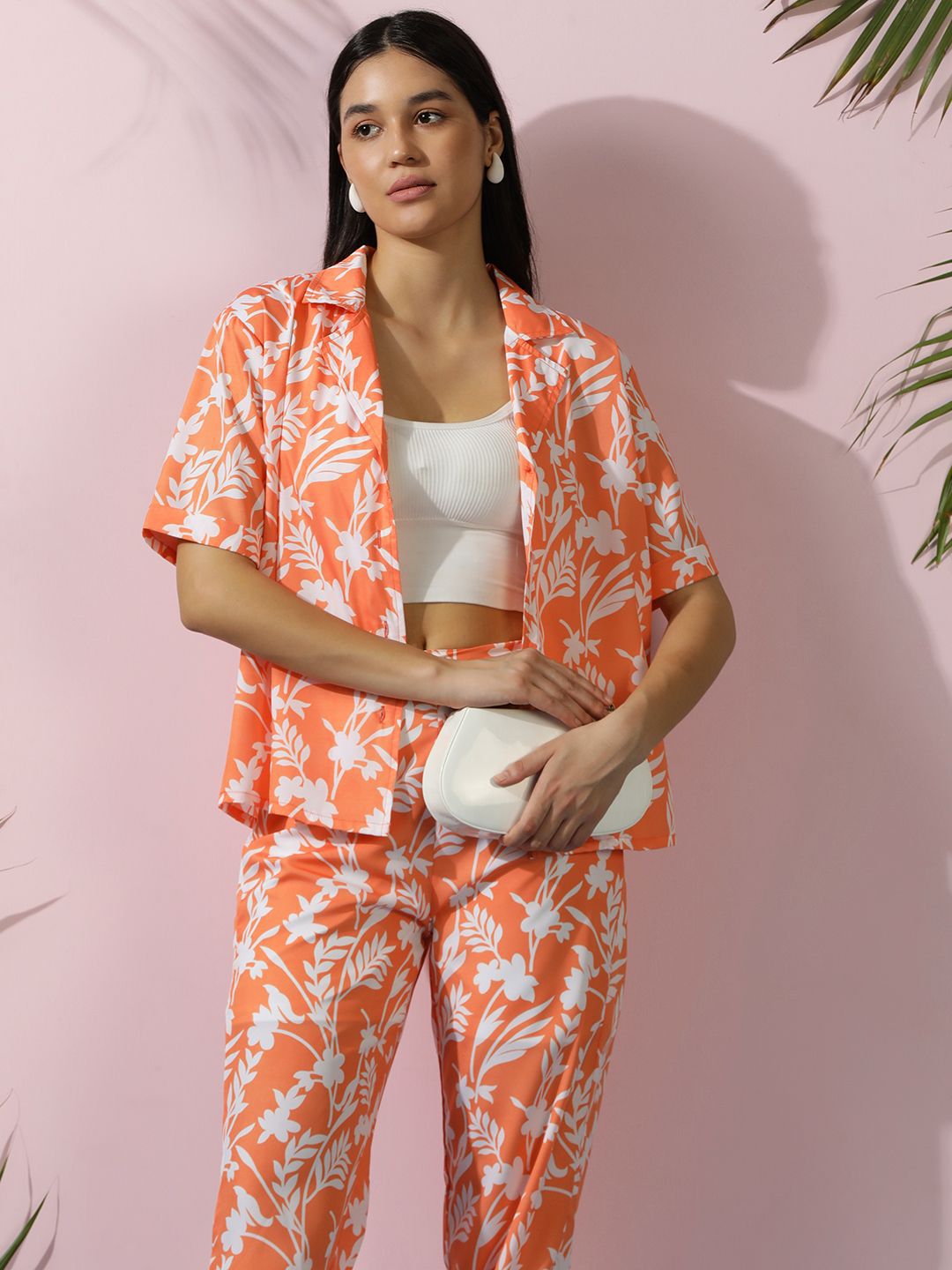 Kotty Orange Floral Printed Shirt Collar Shirt With Trousers  