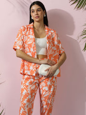 Kotty Orange Floral Printed Shirt Collar Shirt With Trousers  