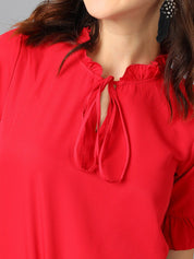 Kotty Red Tie-Up Neck Bell Sleeve Crepe Top