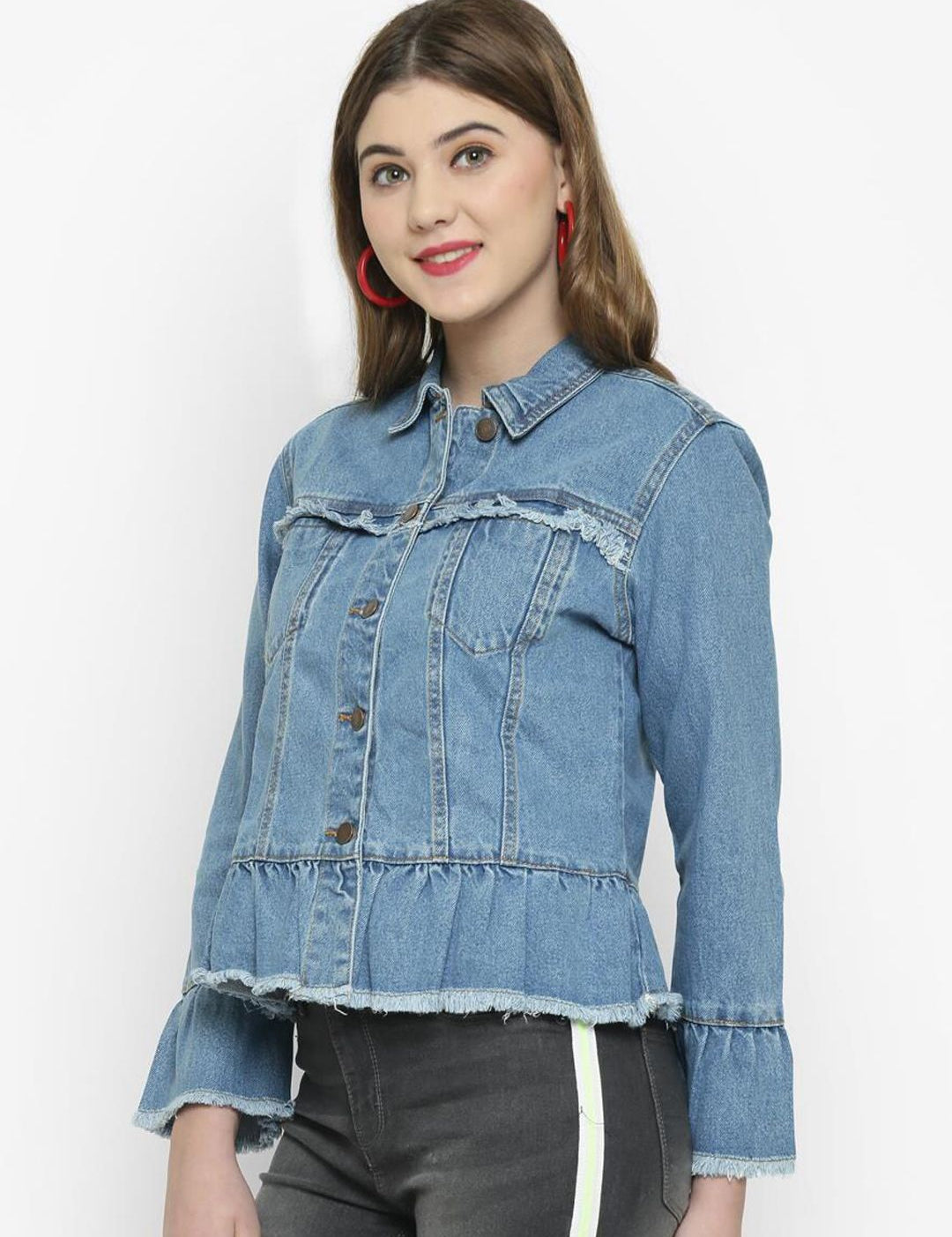 Kotty Women Blue Printed Denim Jacket