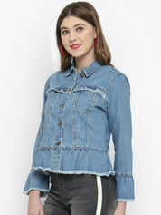 Kotty Women Blue Printed Denim Jacket