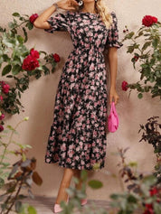 Kotty Black & Pink Floral Printed Puffed Sleeves Tiered Fit & Flare Midi Dress