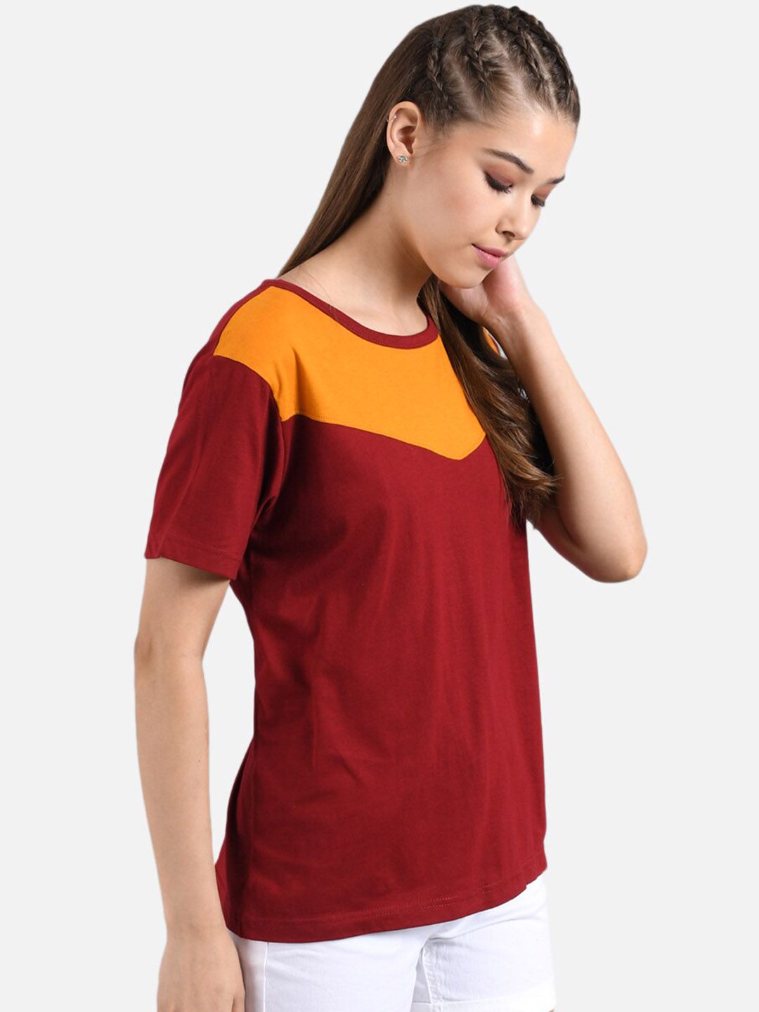 Kotty Women Yellow Colourblocked Round Neck T-shirt