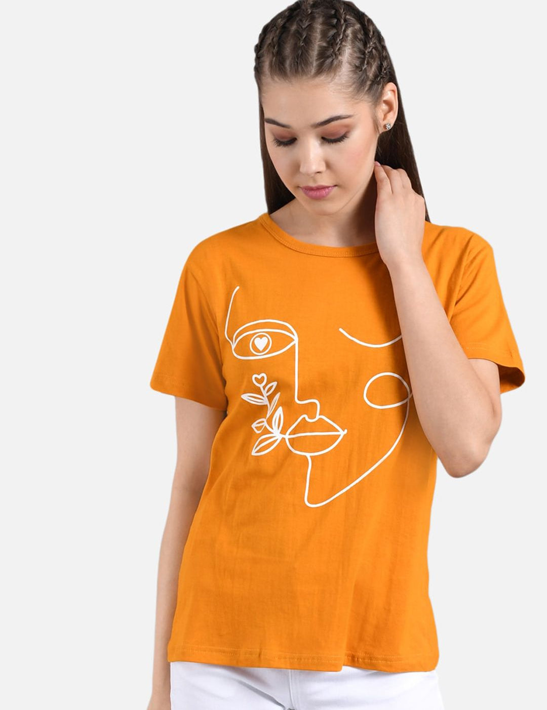 Kotty Women Orange & White Printed Round Neck T-shirt