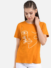 Kotty Women Orange & White Printed Round Neck T-shirt