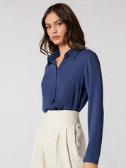 Kotty Blue Spread Collar Shirt Style Top