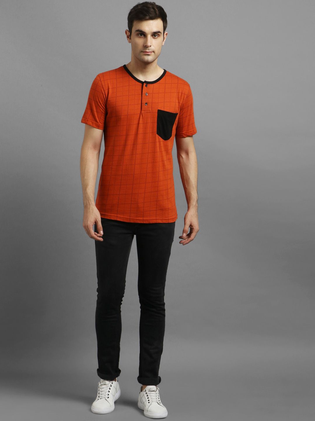 Kotty Men Orange Checked Henley Neck T-shirt