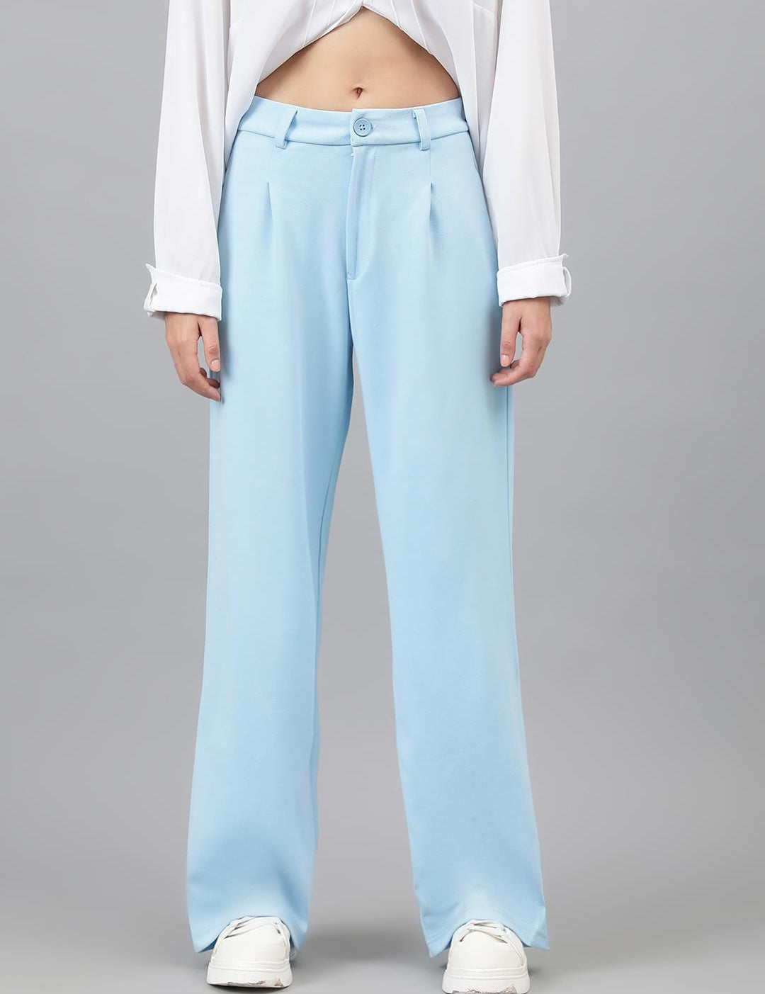 KOTTY BIZwear Women Blue Relaxed Straight Leg High-Rise Easy Wash Pleated Parallel Trousers