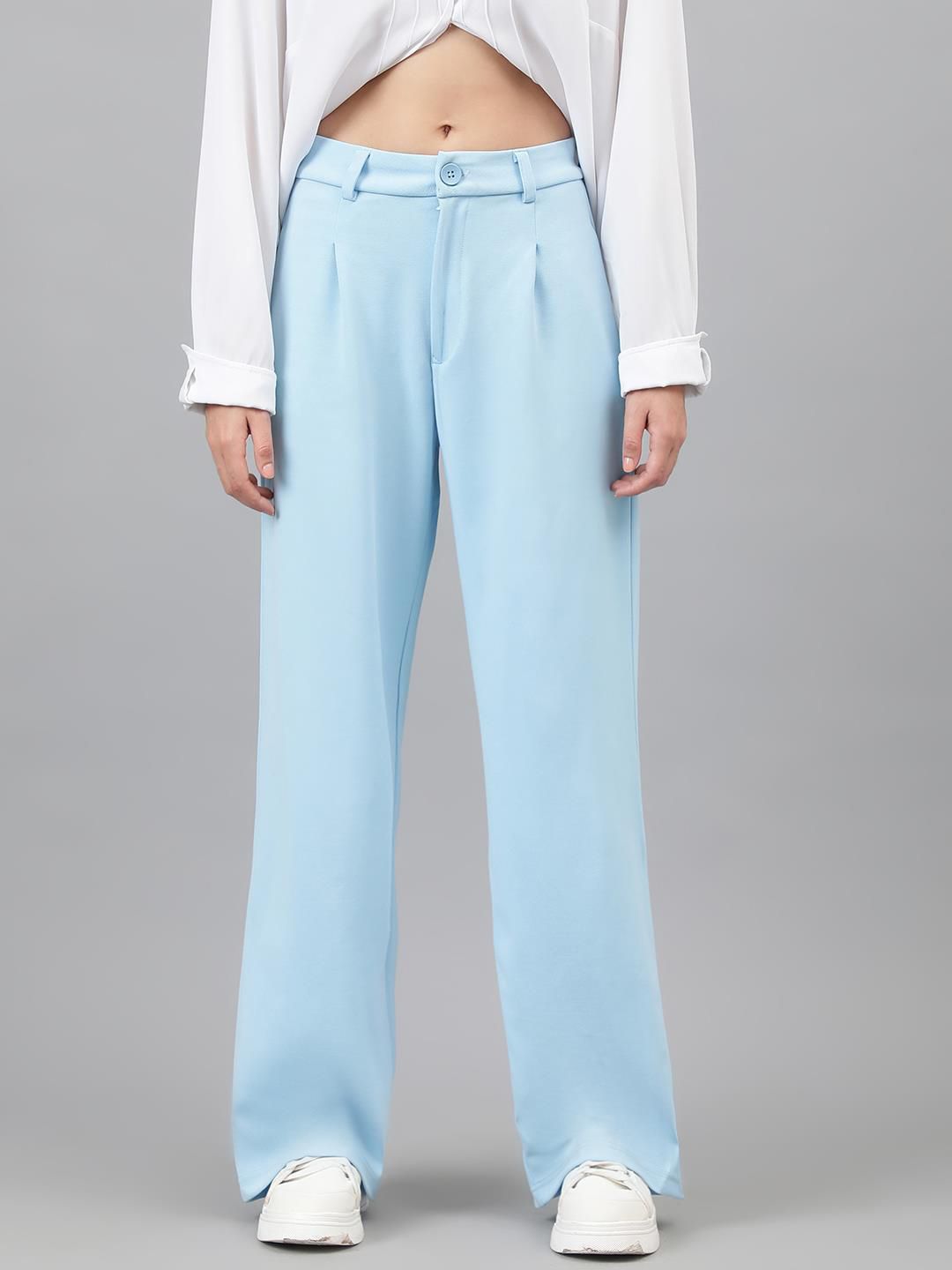 KOTTY BIZwear Women Blue Relaxed Straight Leg High-Rise Easy Wash Pleated Parallel Trousers
