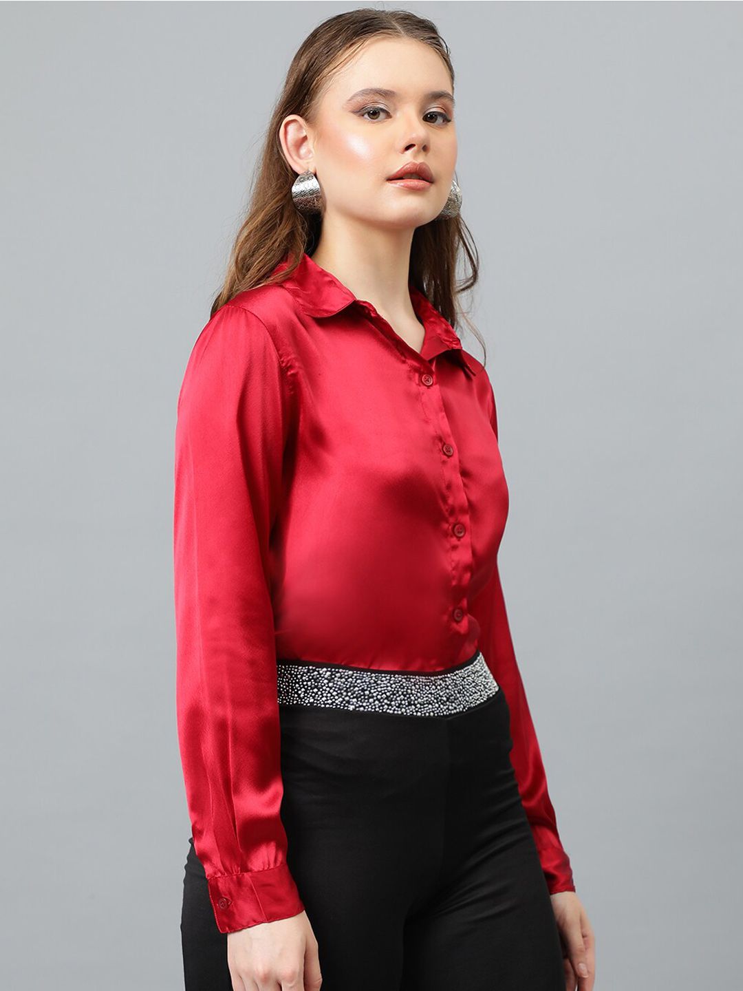 KOTTY BIZwear Maroon Relaxed Spread Collar Satin Casual Shirt