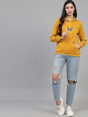 Kotty Women Mustard Printed Fleece Hooded Sweatshirt