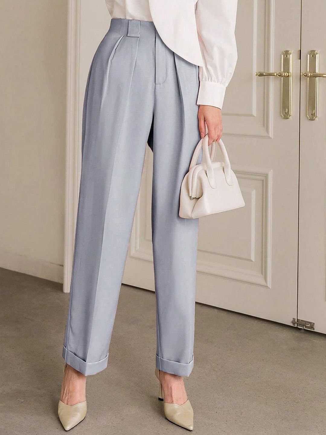 Kotty Women Striped Relaxed Straight Leg Straight Fit High-Rise Cotton Pleated Trousers