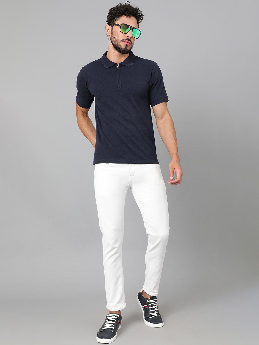 Kotty Navy Blue Polo Collar Cotton T-shirt