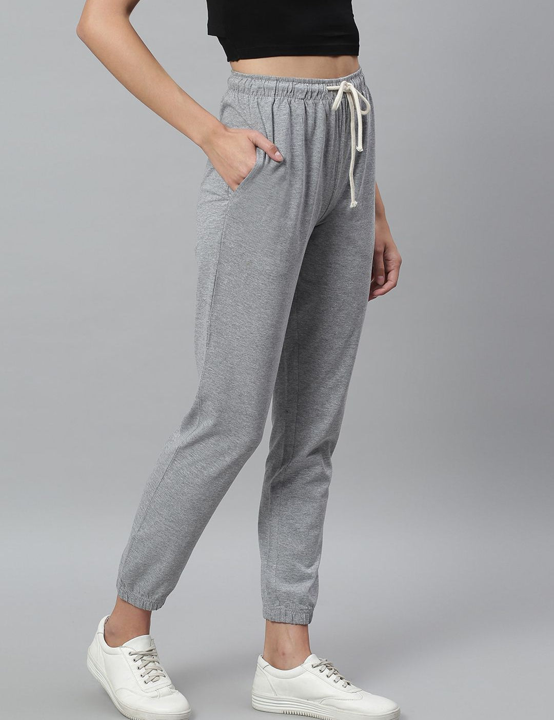 Kotty Women Grey Melange Solid Crop Straight Fit Joggers