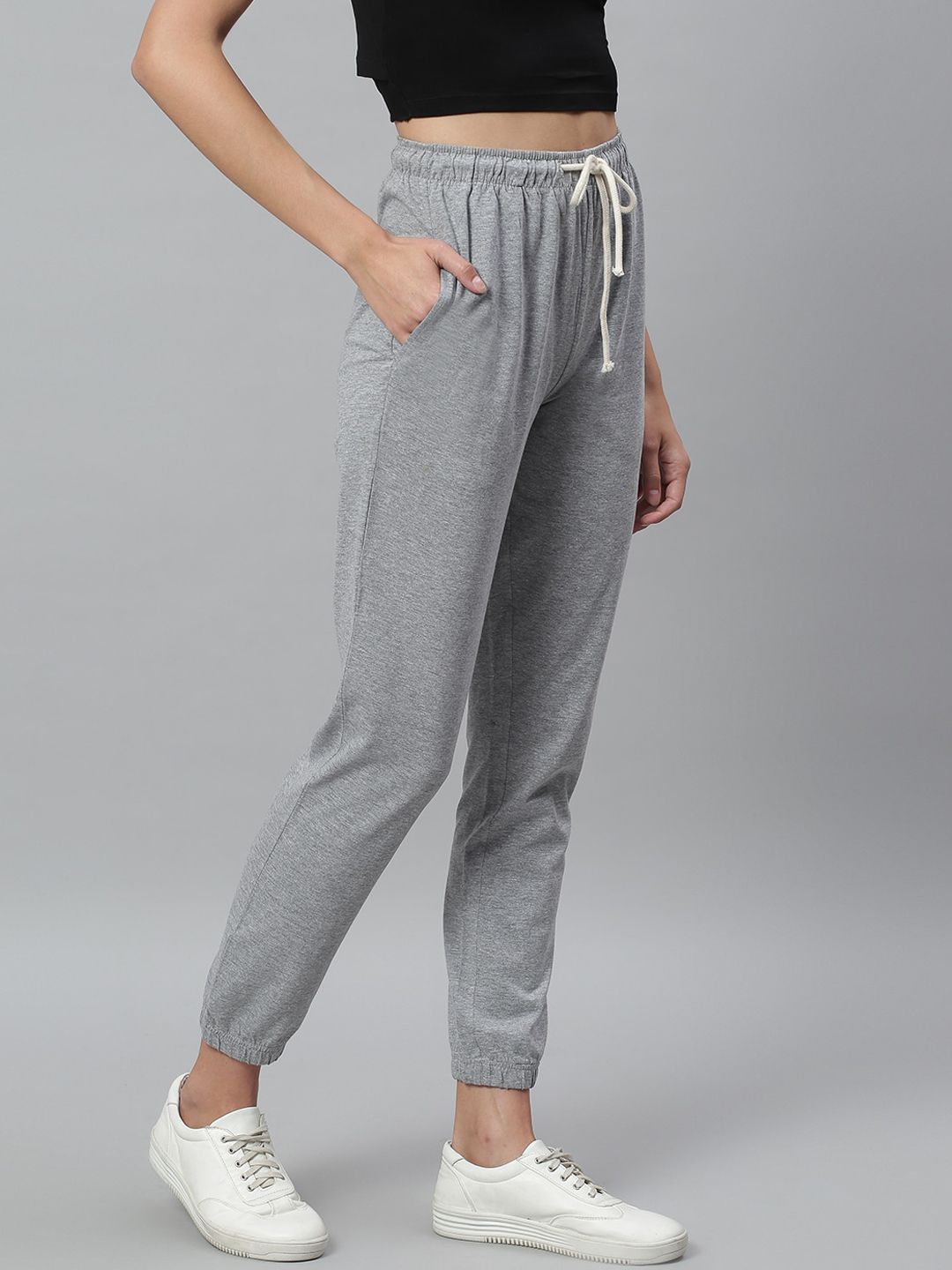Kotty Women Grey Melange Solid Crop Straight Fit Joggers