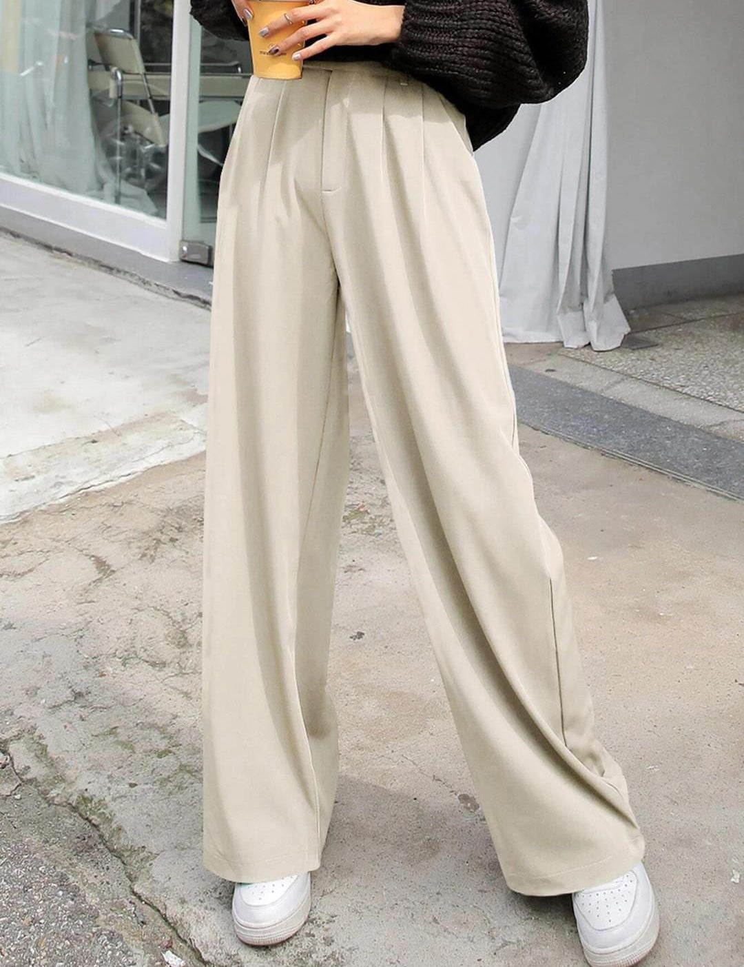 CURVE BY KOTTY BIZwear Women Relaxed Straight Leg High-Rise Easy Wash Pleated Trousers