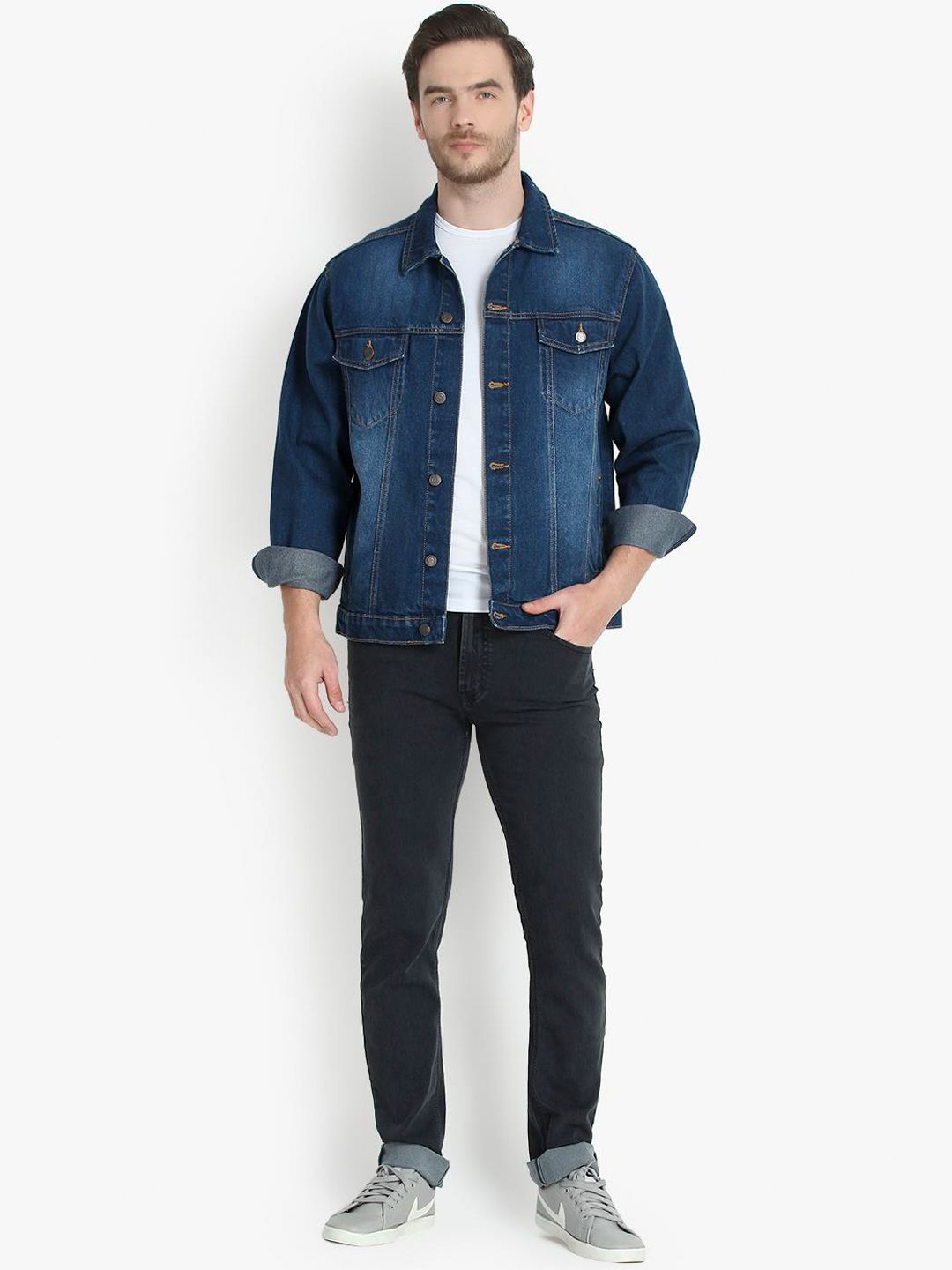 Kotty Men Blue Solid Denim Jacket