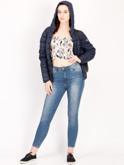 Kotty Women Navy Blue Solid Insulator Hooded Puffer Jacket