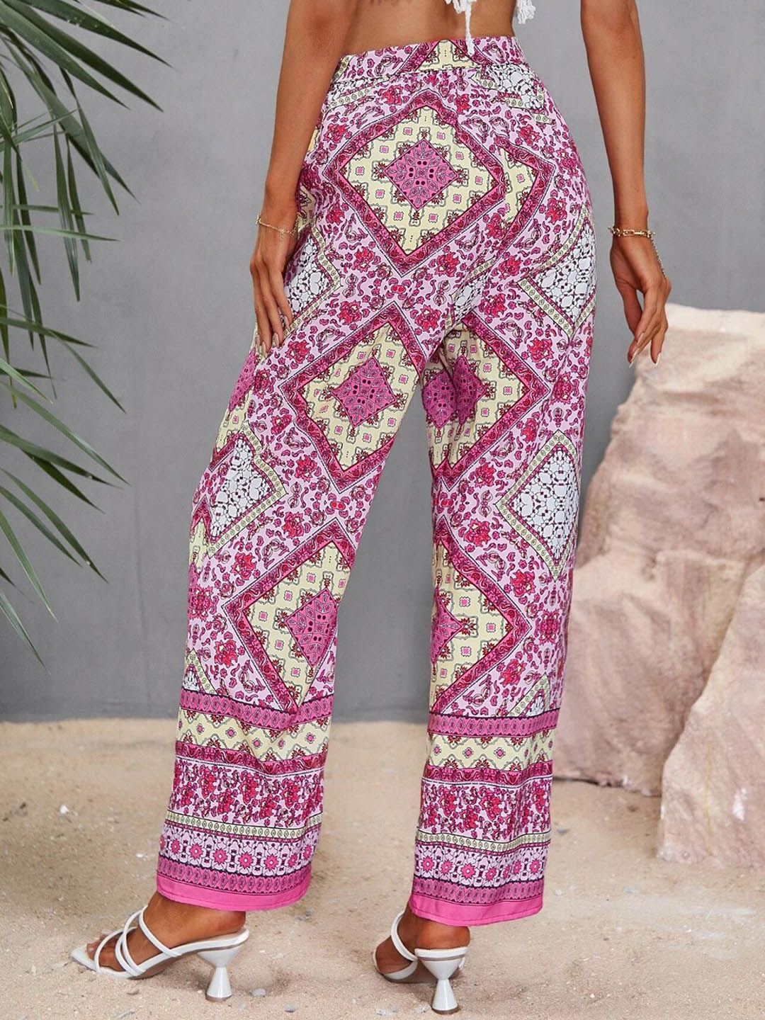 Kotty Women Multicoloured Ethnic Motifs Printed Relaxed High-Rise Easy Wash Trousers