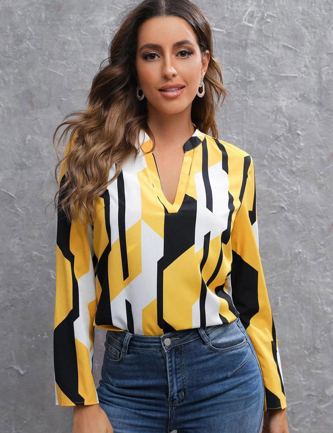 Kotty Yellow Geometric Printed Mandarin Collar Satin Top