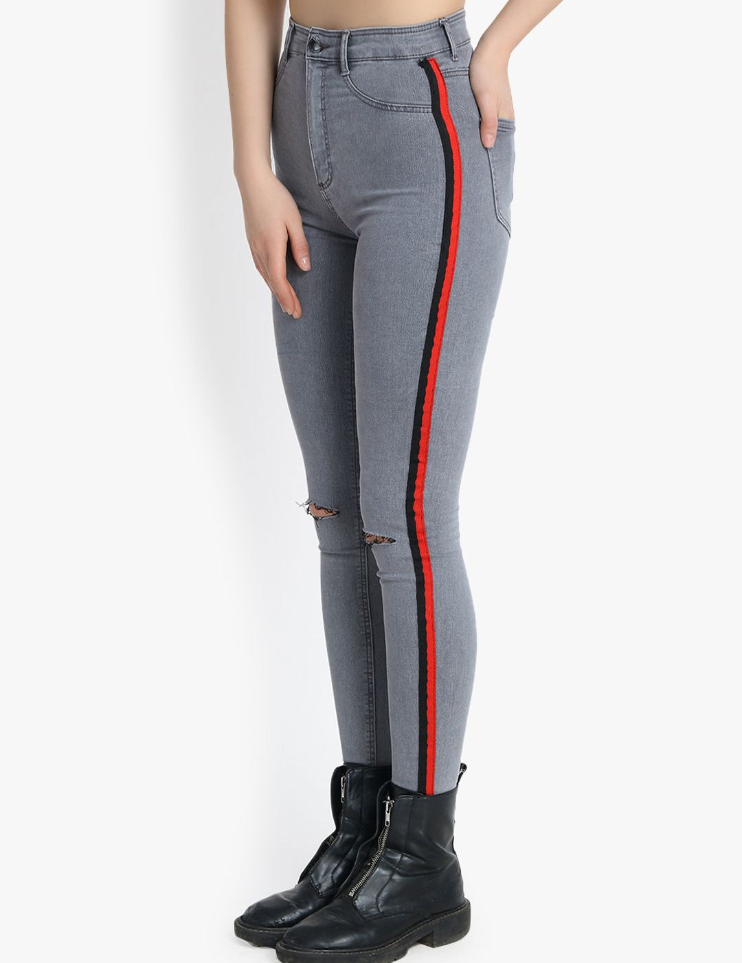 Kotty Women Grey Skinny Fit High-Rise Slash Knee Stretchable Jeans