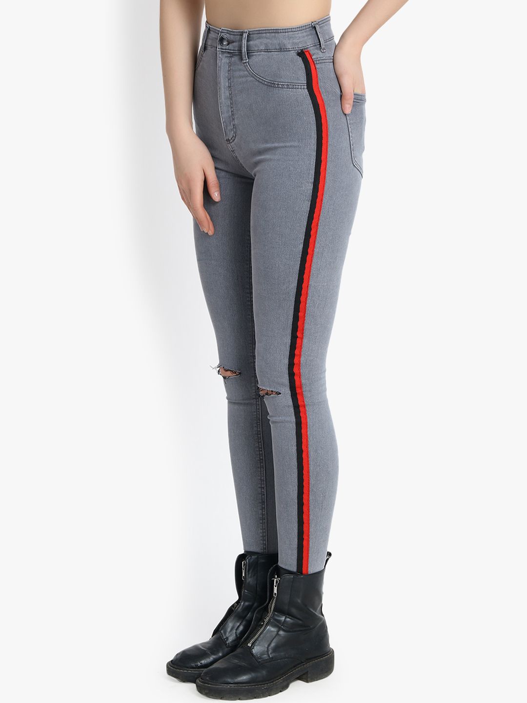 Kotty Women Grey Skinny Fit High-Rise Slash Knee Stretchable Jeans