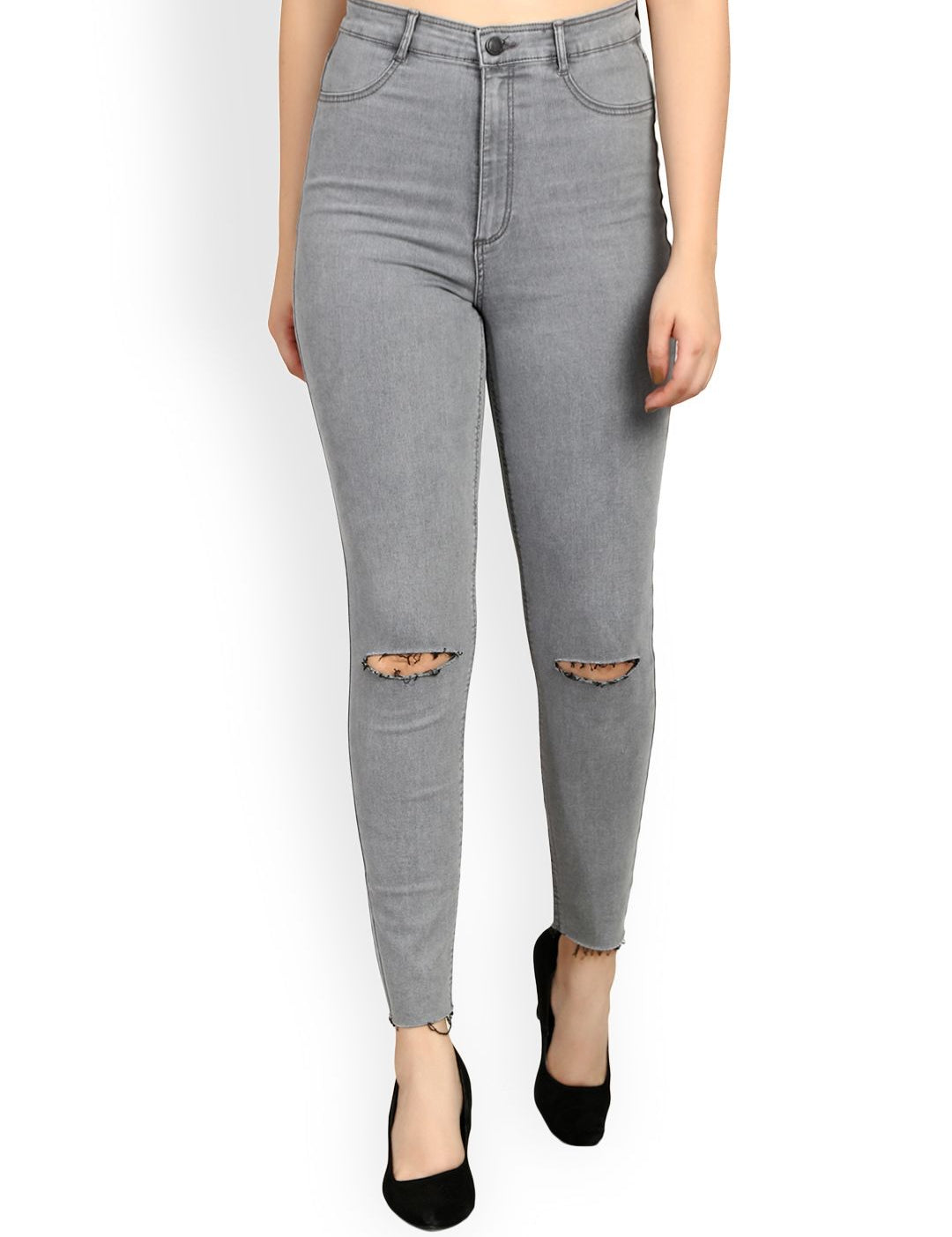 Kotty Women Grey Skinny Fit High-Rise Slash Knee Jeans