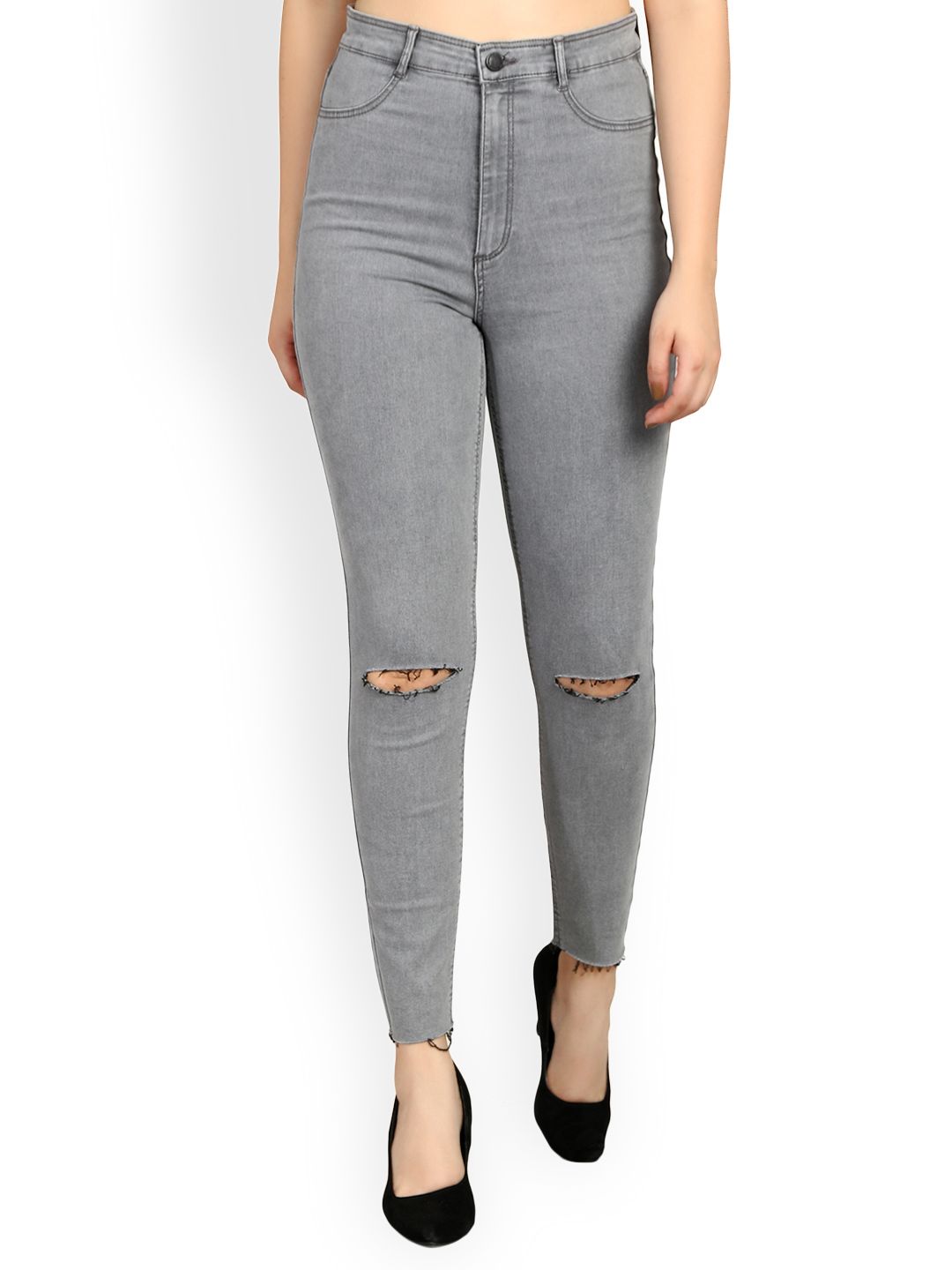 Kotty Women Grey Skinny Fit High-Rise Slash Knee Jeans