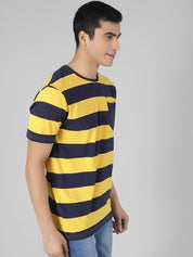 Kotty Men Yellow & Black Striped Round Neck T-shirt