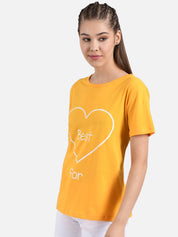 Kotty Women Yellow Printed Round Neck T-shirt