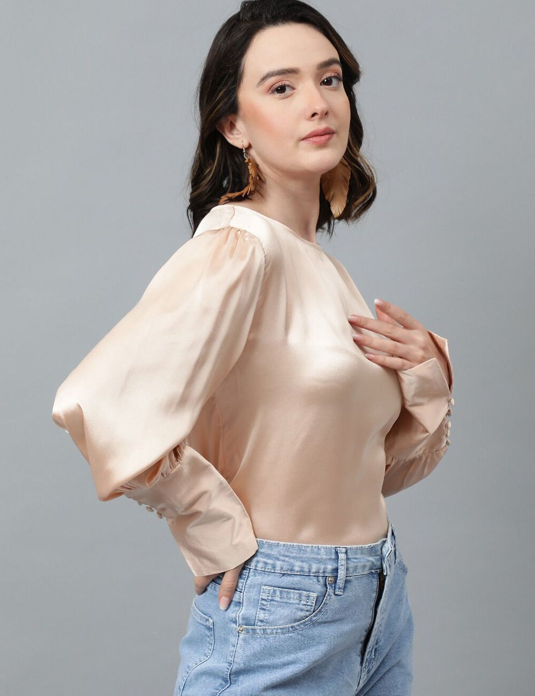 KOTTY BIZwear Beige Cuffed Sleeve Satin Top
