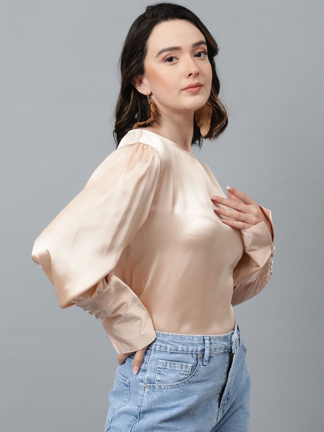 KOTTY BIZwear Beige Cuffed Sleeve Satin Top