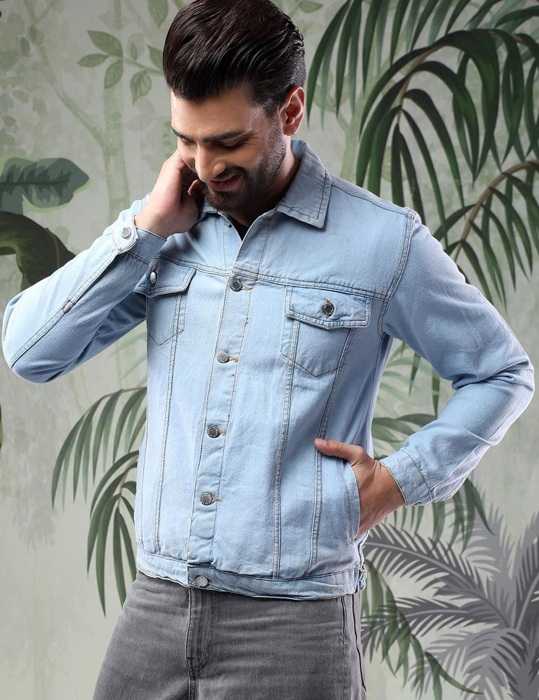 Kotty Men Solid Spread Collar Insulator Pure Cotton Denim Jacket