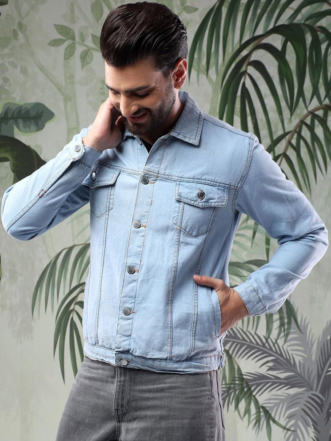 Kotty Men Solid Spread Collar Insulator Pure Cotton Denim Jacket