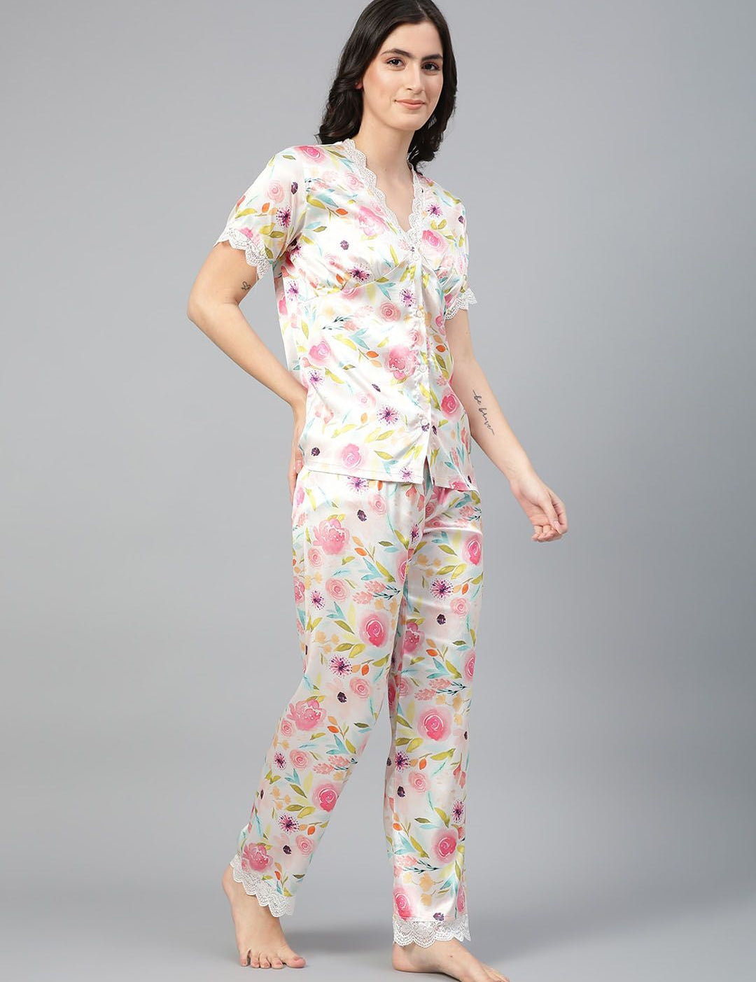 Kotty Floral Printed Satin Night Suit