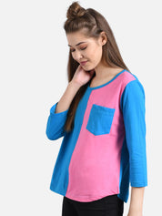 Kotty Women Blue & Pink Colourblocked Round Neck T-shirt