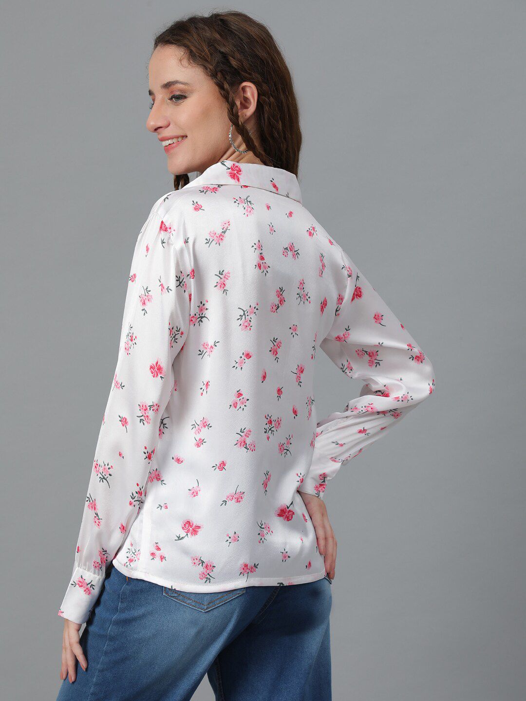 Kotty White & Pink Relaxed Floral Printed Cuban Collar Satin Casual Shirt