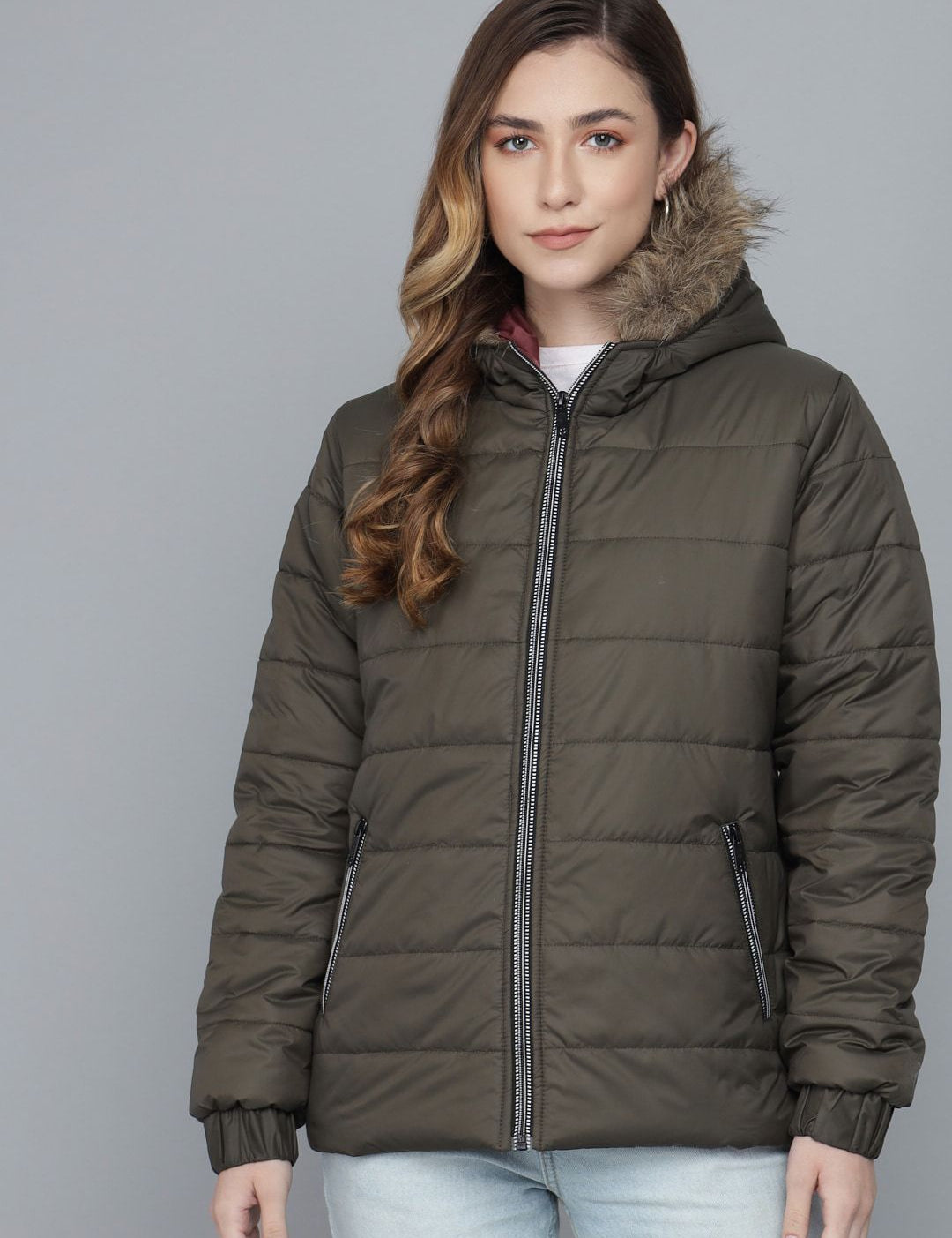 Kotty Women Olive Green Hooded Puffer Jacket