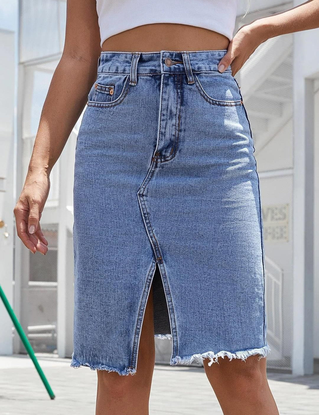 Kotty Pure Cotton Front Slit Denim Pencil Skirt