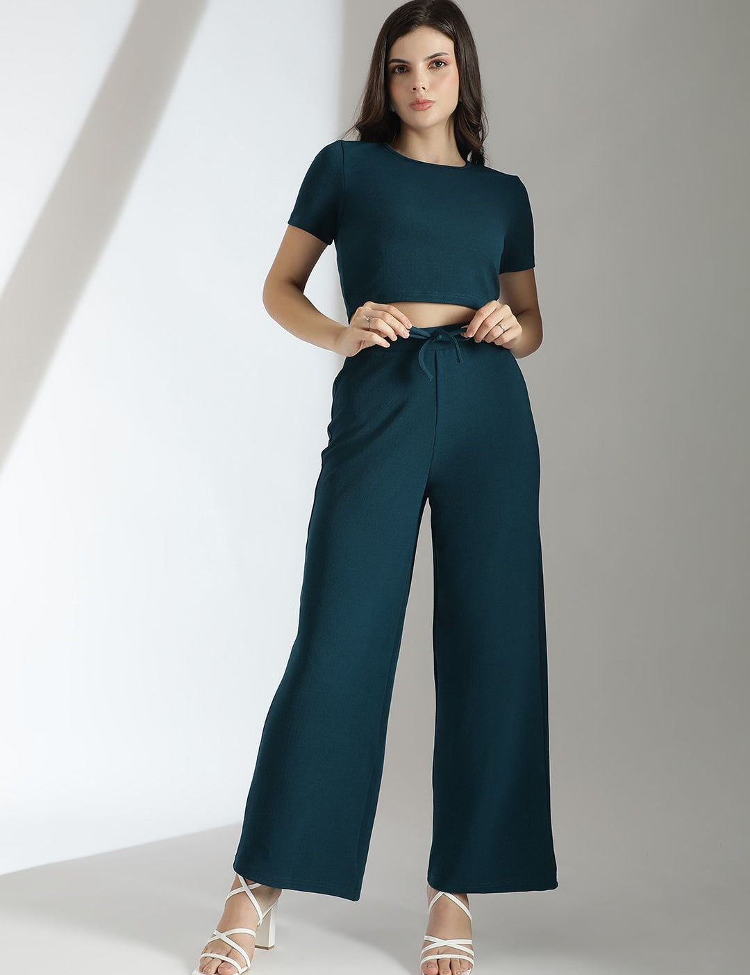 KOTTY Basics Teal Green Round Neck Top With Flared Trousers