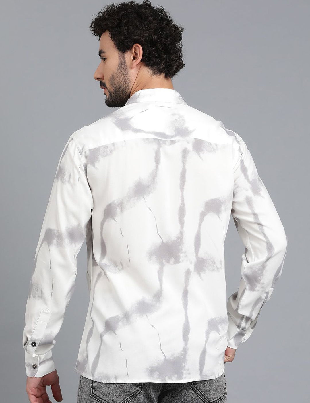 Kotty White & Grey Tie and Dye Spread Collar Relaxed Fit Casual Shirt
