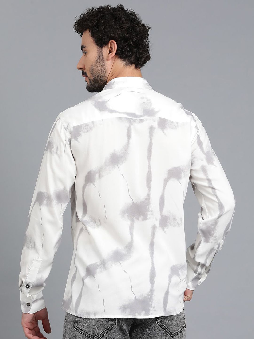 Kotty White & Grey Tie and Dye Spread Collar Relaxed Fit Casual Shirt
