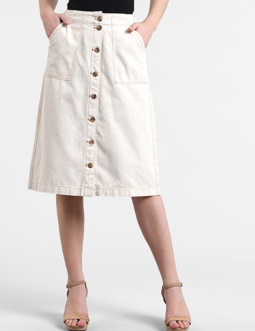 Kotty Women Cream-Coloured Solid Denim Denim A-Line Skirt