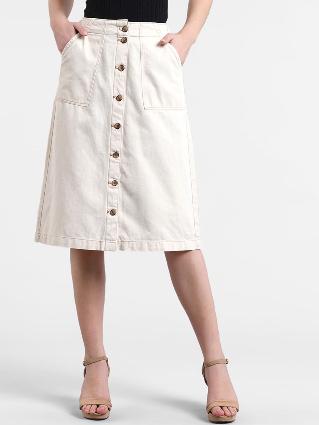 Kotty Women Cream-Coloured Solid Denim Denim A-Line Skirt