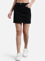 Kotty Women Black Solid Denim Straight Mini Skirt