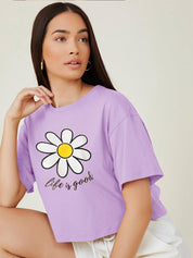 Kotty Purple Floral Printed Round Neck Drop-Shoulder Sleeves Oversized Crop T-shirt