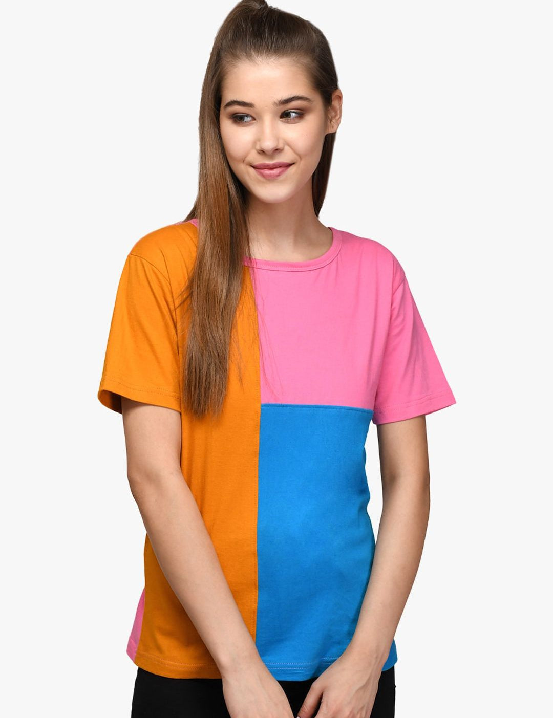 Kotty Women Orange & Blue Colourblocked Round Neck T-shirt